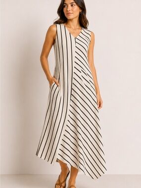 Tahari Ivory and Black Striped V-Neck Maxi Dress